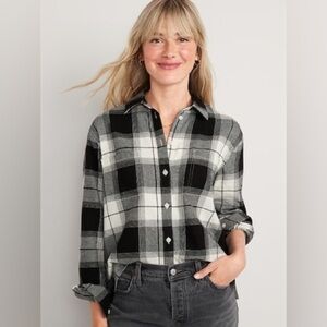 Old Navy Cropped Plaid Flannel Boyfriend Shirt Size XL 100% Cotton Button Front